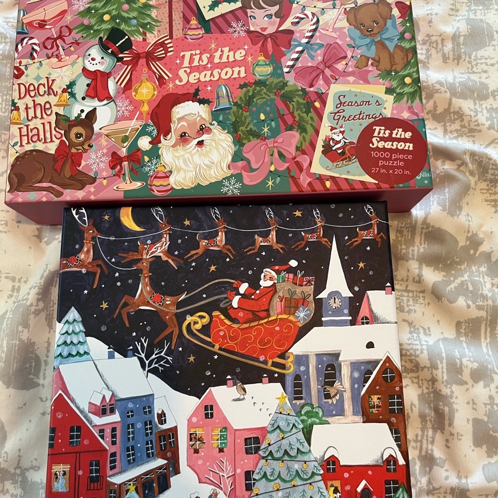 Tis the Season Holiday Puzzle Set - Festive Santa & Village Art puzzle (2 puzzle